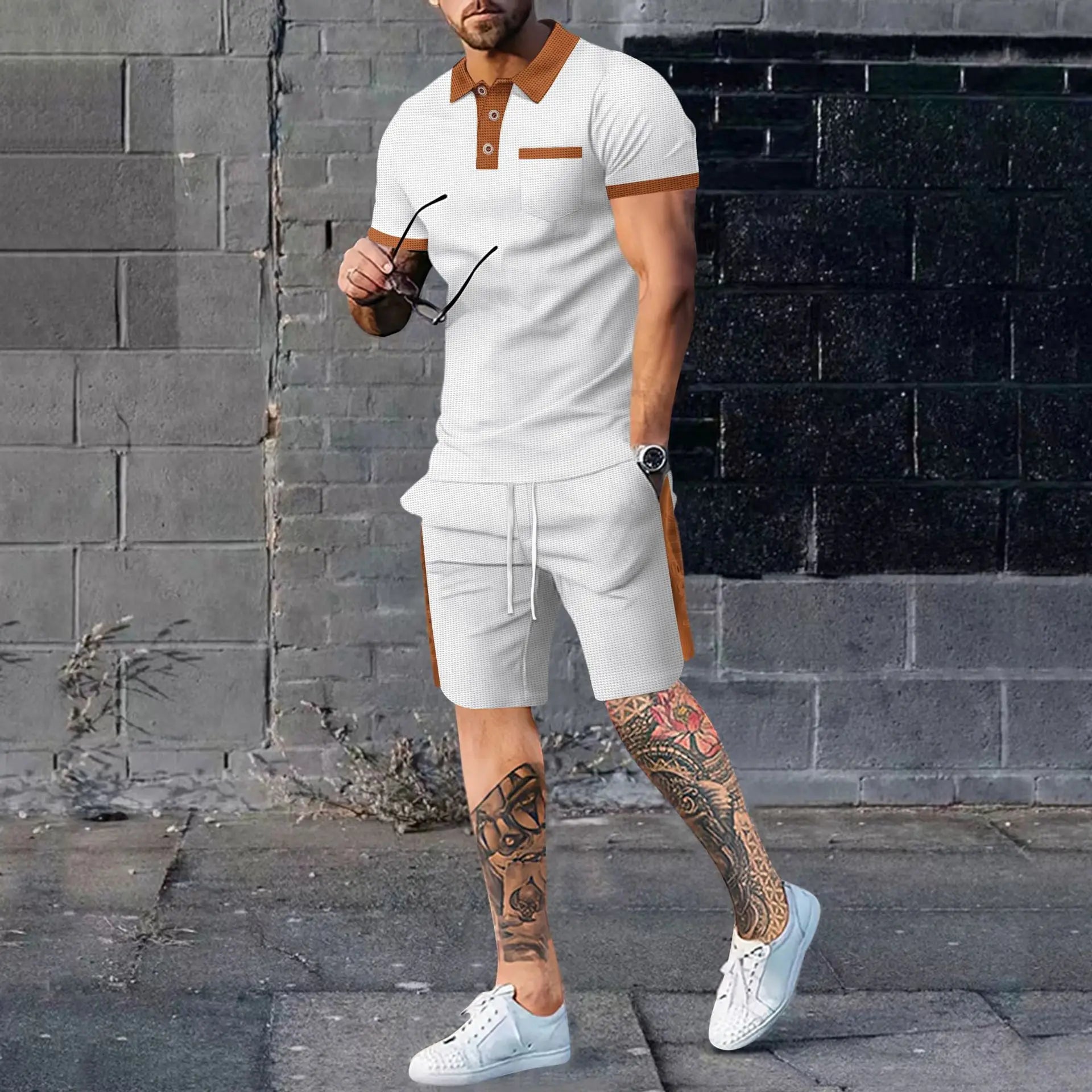 Deux ensemble polo et short en tricot gaufré pour homme – Tenue décontractée