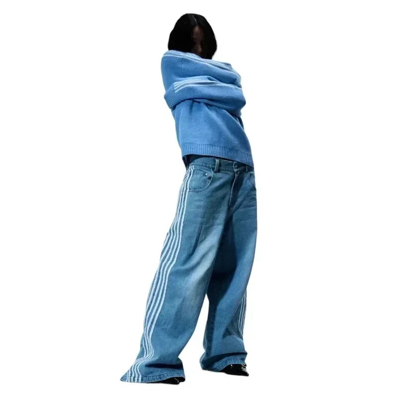 Pantalon ample en jean rayé pour homme – Streetwear été Y2K