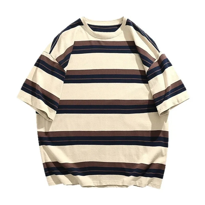 Chemise à col rond à manches courtes rayée, style décontracté et ample