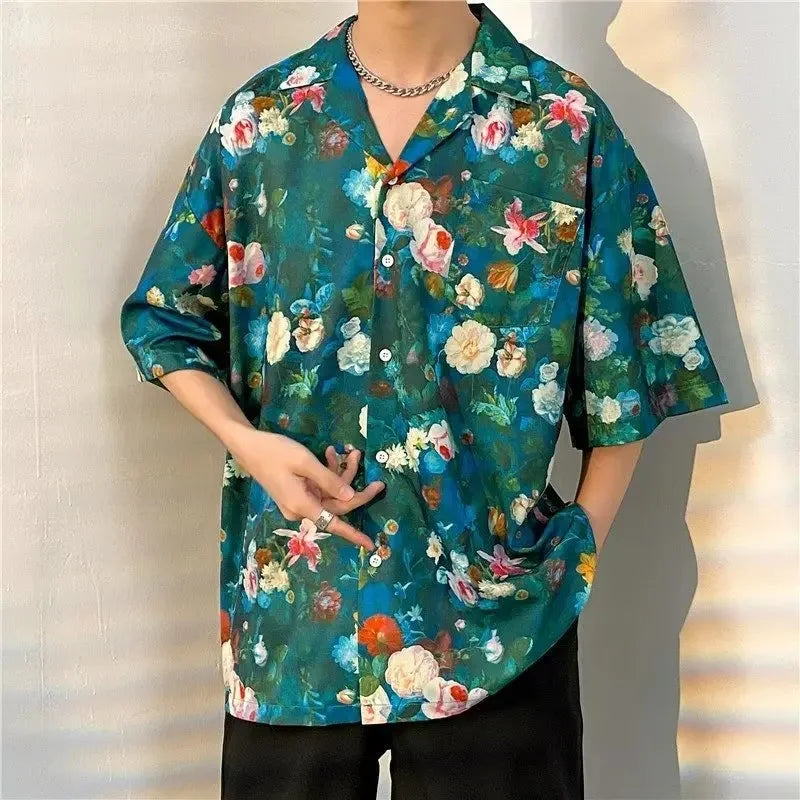 Chemise jacquard en soie glacée à col cubain et motif floral – Style rétro été pour homme