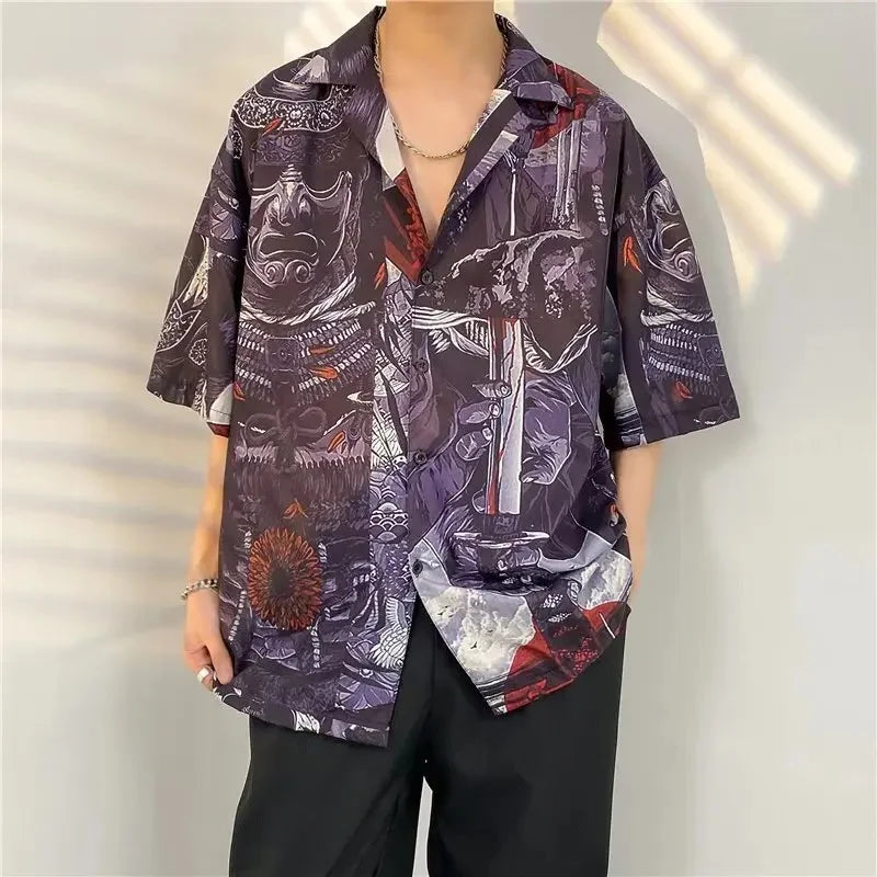Chemise jacquard en soie glacée à col cubain et motif floral – Style rétro été pour homme