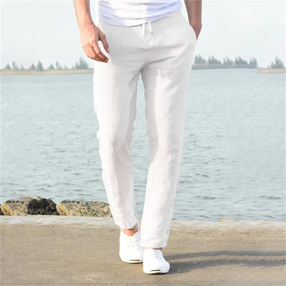 Pantalon de lin respirant avec cordon de serrage et coupe décontractée