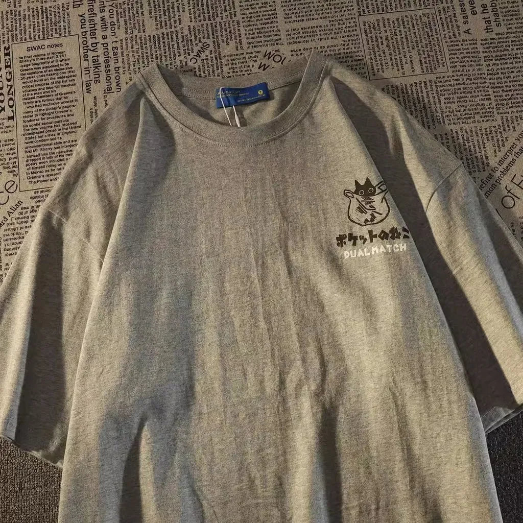 T-shirt graphique à poche avec motif chat - Streetwear de style japonais