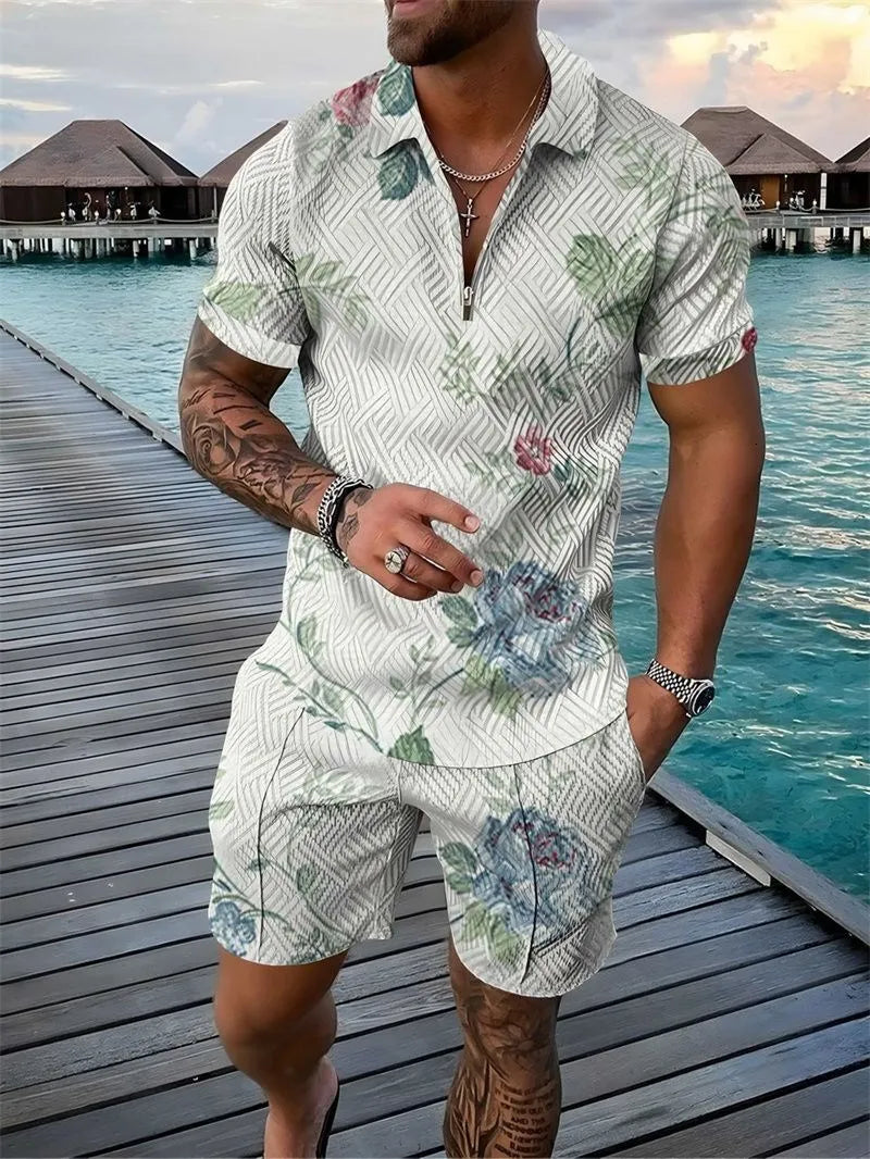 Deux ensembles polo fleuri et short pour homme – Ensemble décontracté d'été