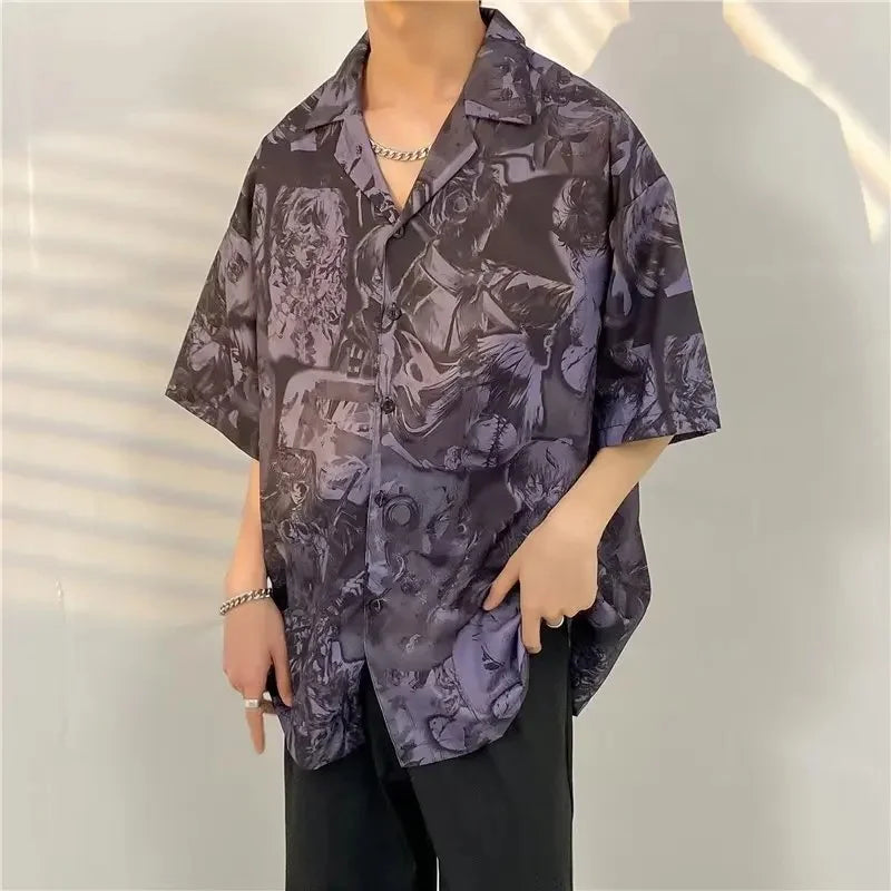 Chemise jacquard en soie glacée à col cubain et motif floral – Style rétro été pour homme
