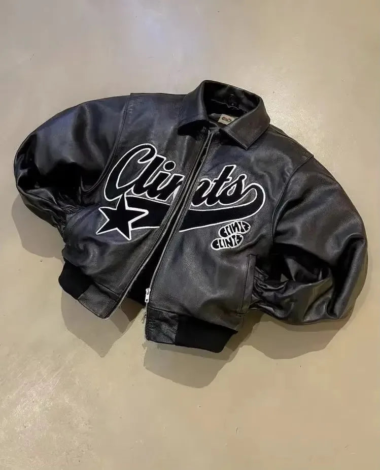 Blouson aviateur rétro en cuir noir – Streetwear oversize pour homme
