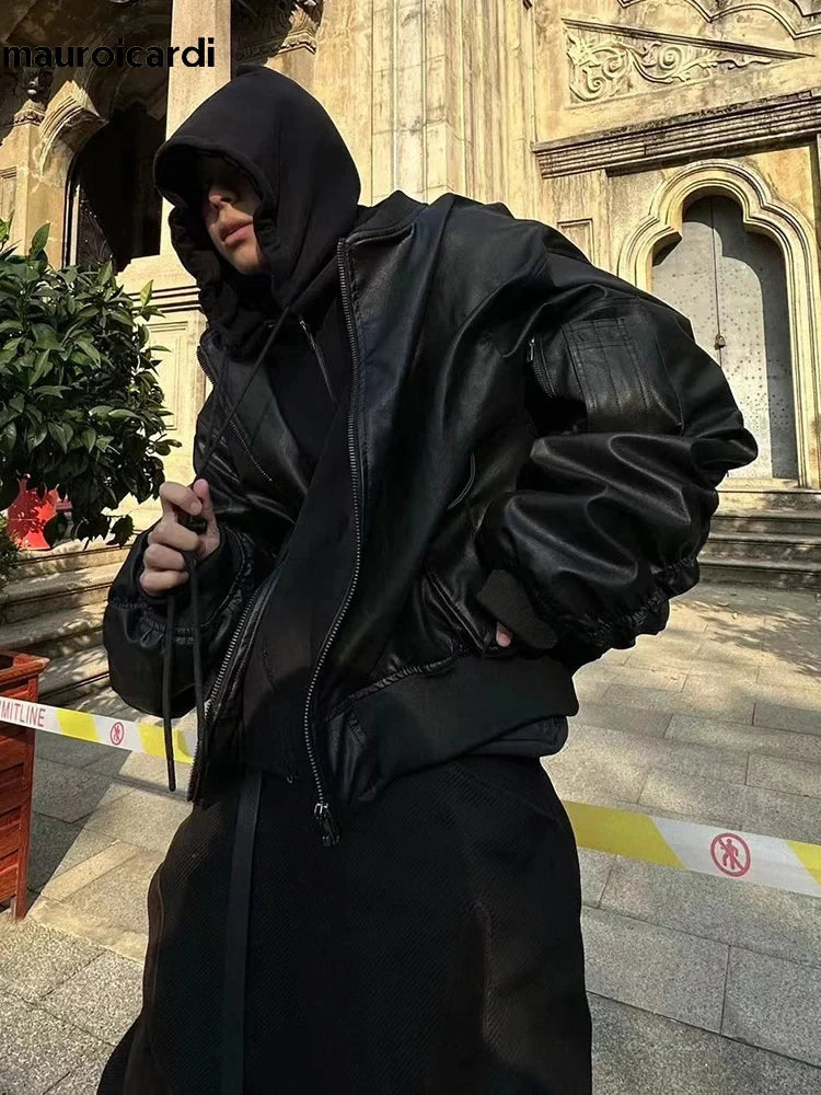 Blouson aviateur oversize à capuche en cuir synthétique pour homme – Style urbain
