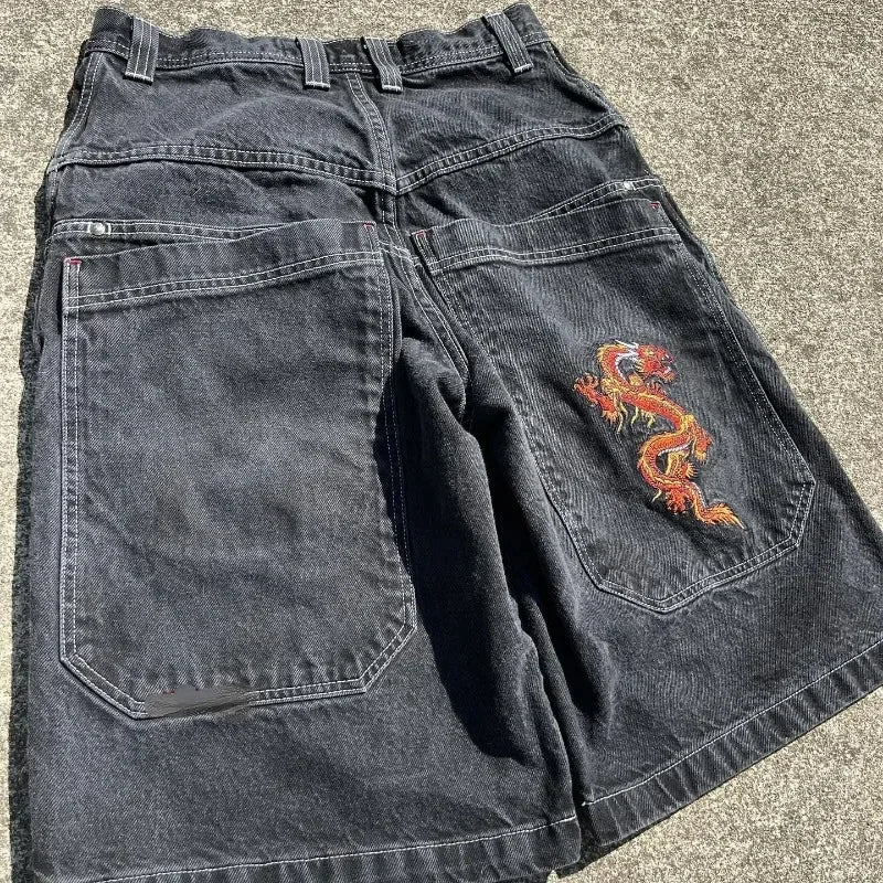 Jorts en jean larges brodés style gothique Y2K streetwear homme