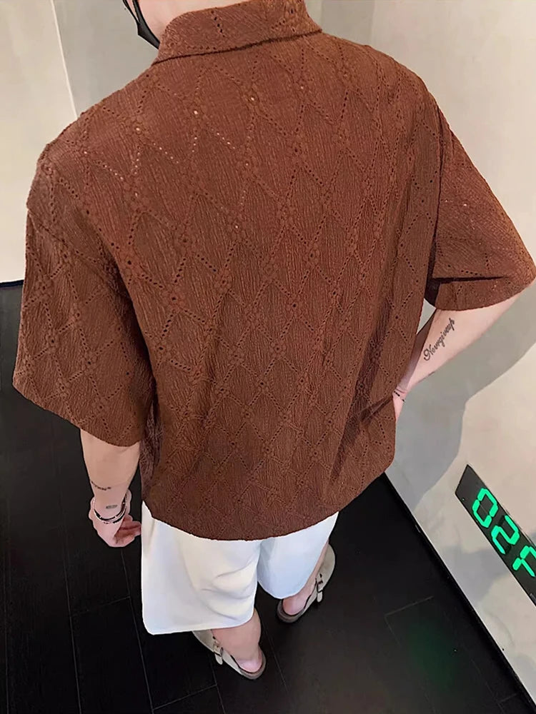 Chemise boutonnée décontractée en tricot vintage ajourée pour homme