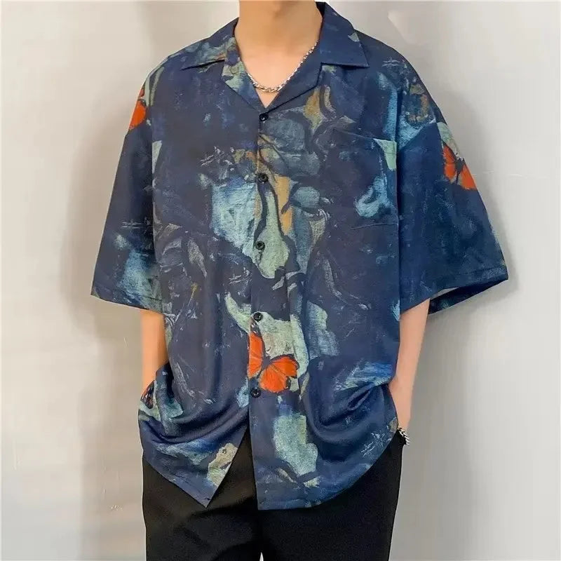 Chemise jacquard en soie glacée à col cubain et motif floral – Style rétro été pour homme