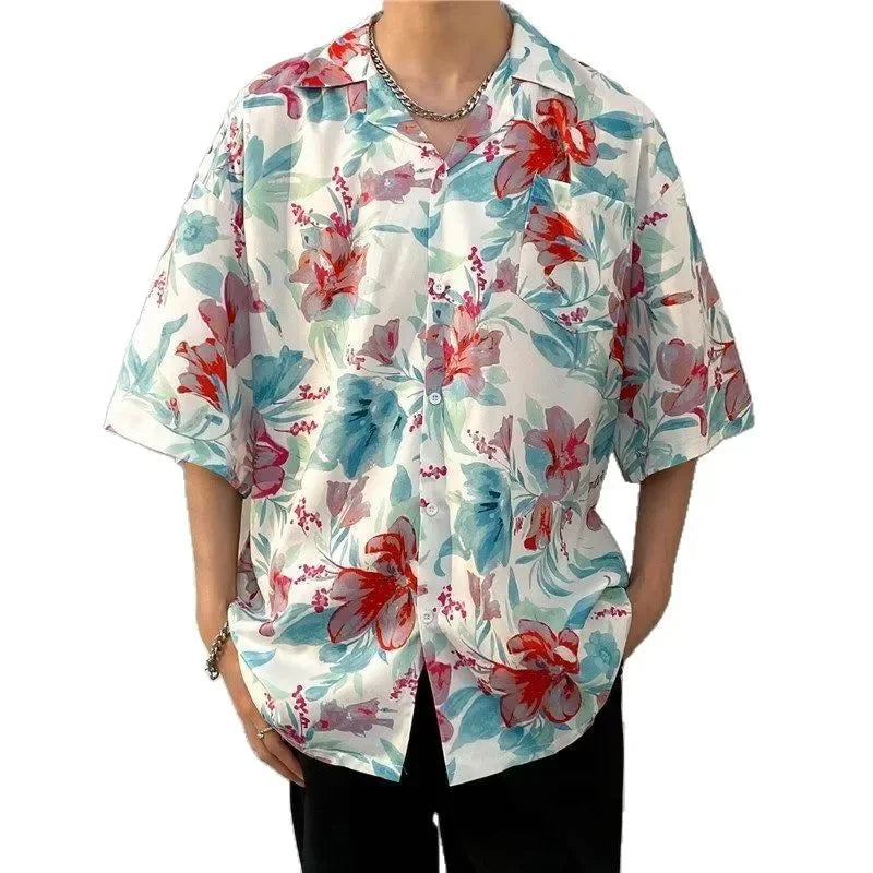Chemise jacquard en soie glacée à col cubain et motif floral – Style rétro été pour homme