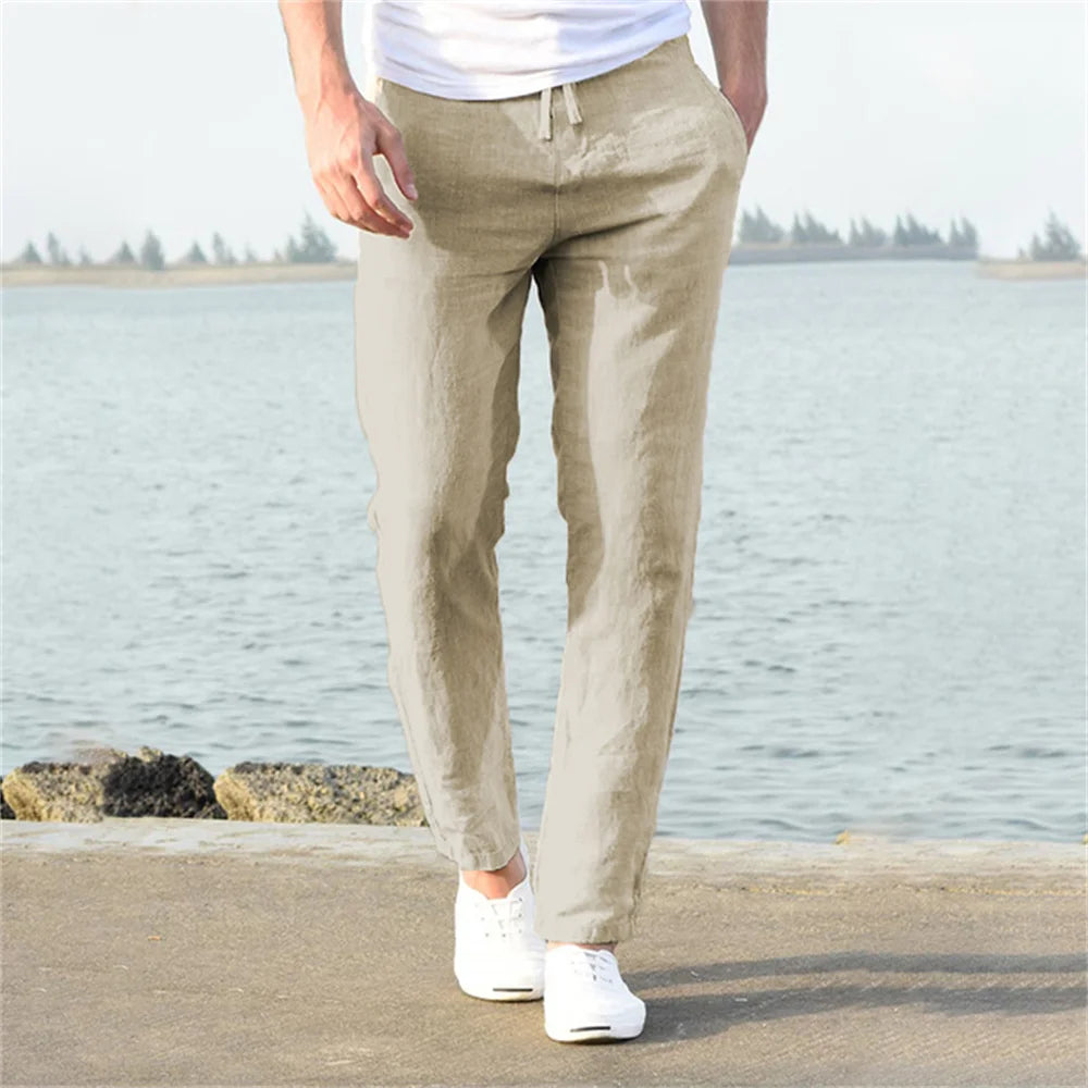 Pantalon de lin respirant avec cordon de serrage et coupe décontractée
