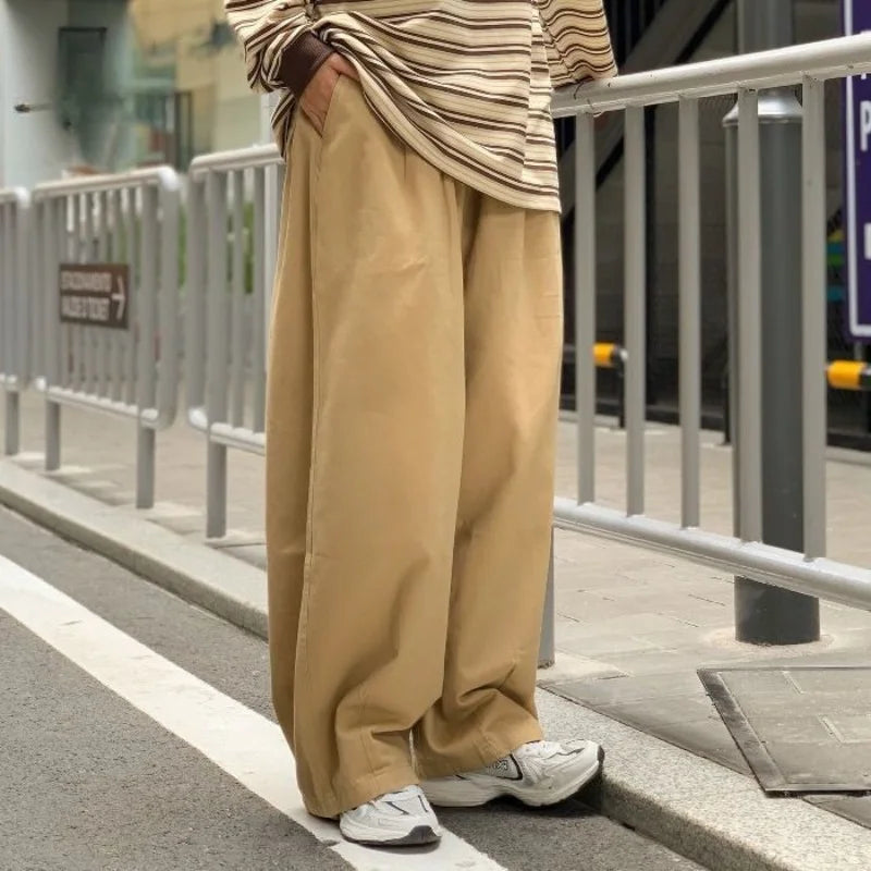 Pantalon droit décontracté en coton à jambes larges pour homme