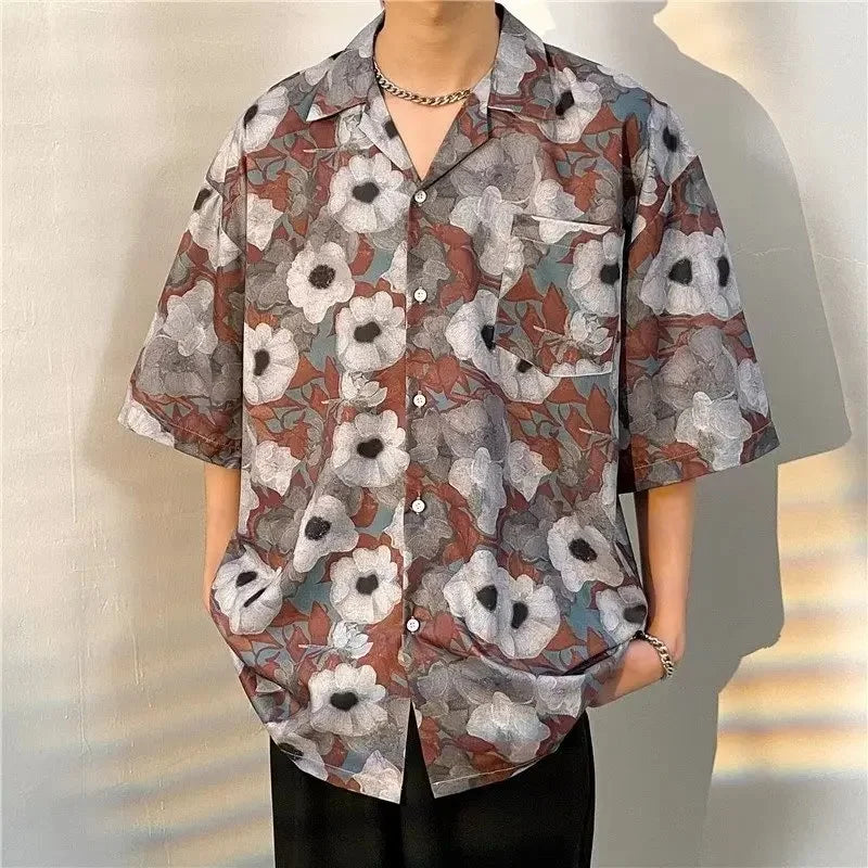 Chemise jacquard en soie glacée à col cubain et motif floral – Style rétro été pour homme
