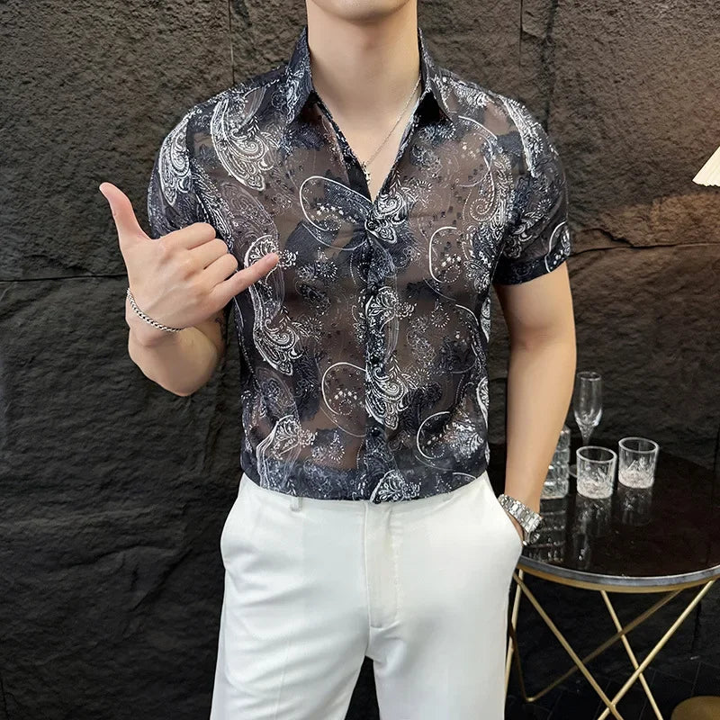Chemise jacquard à manches courtes et motif floral de style coréen pour homme