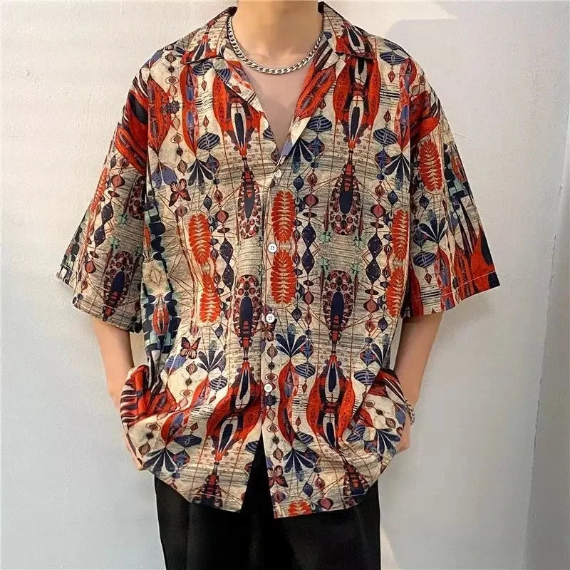 Chemise jacquard en soie glacée à col cubain et motif floral – Style rétro été pour homme