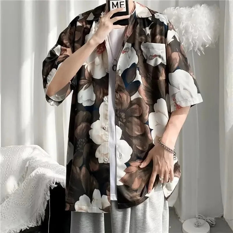 Chemise jacquard en soie glacée à col cubain et motif floral – Style rétro été pour homme