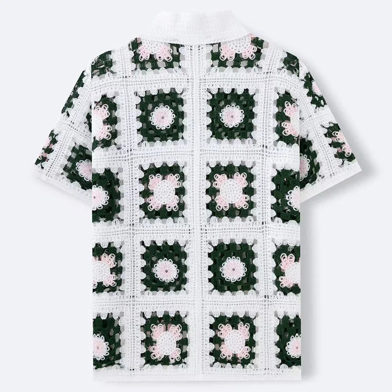 Chemise boutonnée à manches courtes en crochet avec motifs floraux pour homme