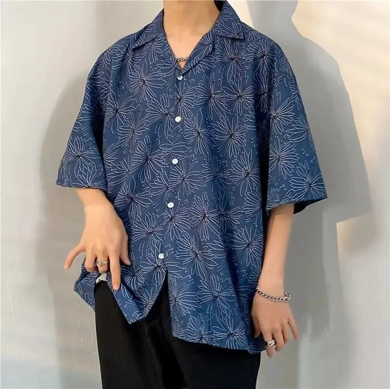 Chemise jacquard en soie glacée à col cubain et motif floral – Style rétro été pour homme