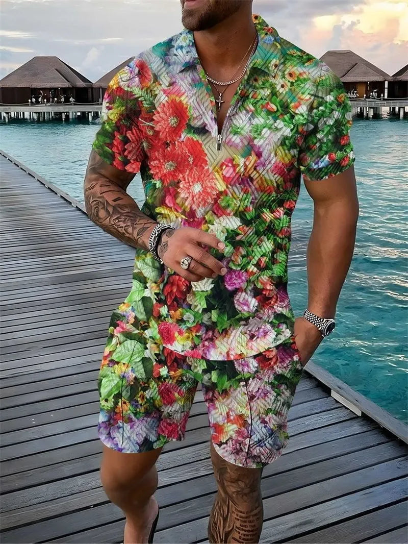 Deux ensembles polo fleuri et short pour homme – Ensemble décontracté d'été