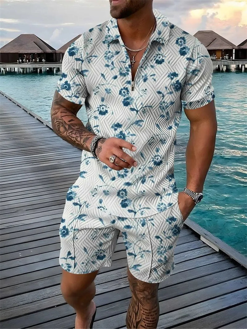 Deux ensembles polo fleuri et short pour homme – Ensemble décontracté d'été