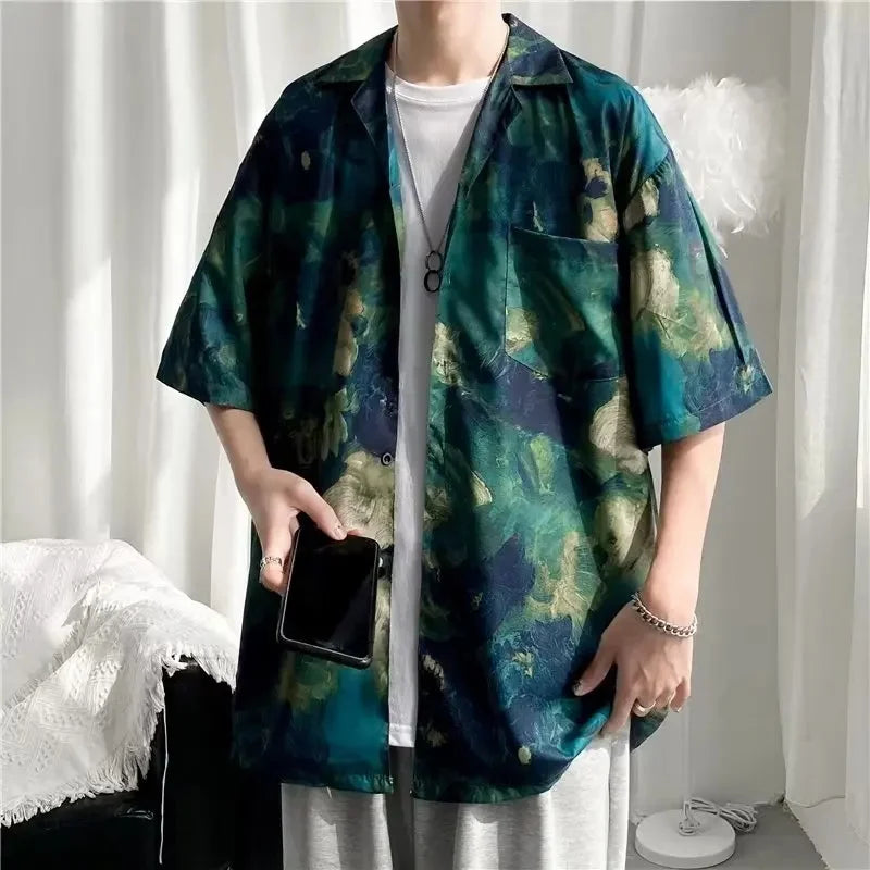 Chemise jacquard en soie glacée à col cubain et motif floral – Style rétro été pour homme