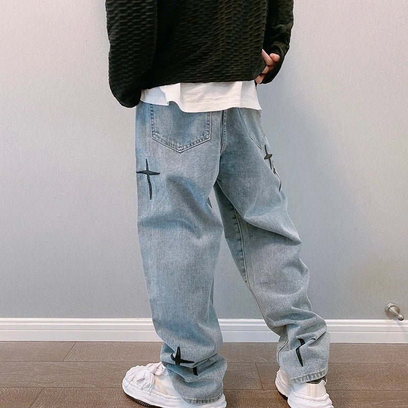 Jean imprimé, pantalon ample à jambes larges – denim streetwear pour homme