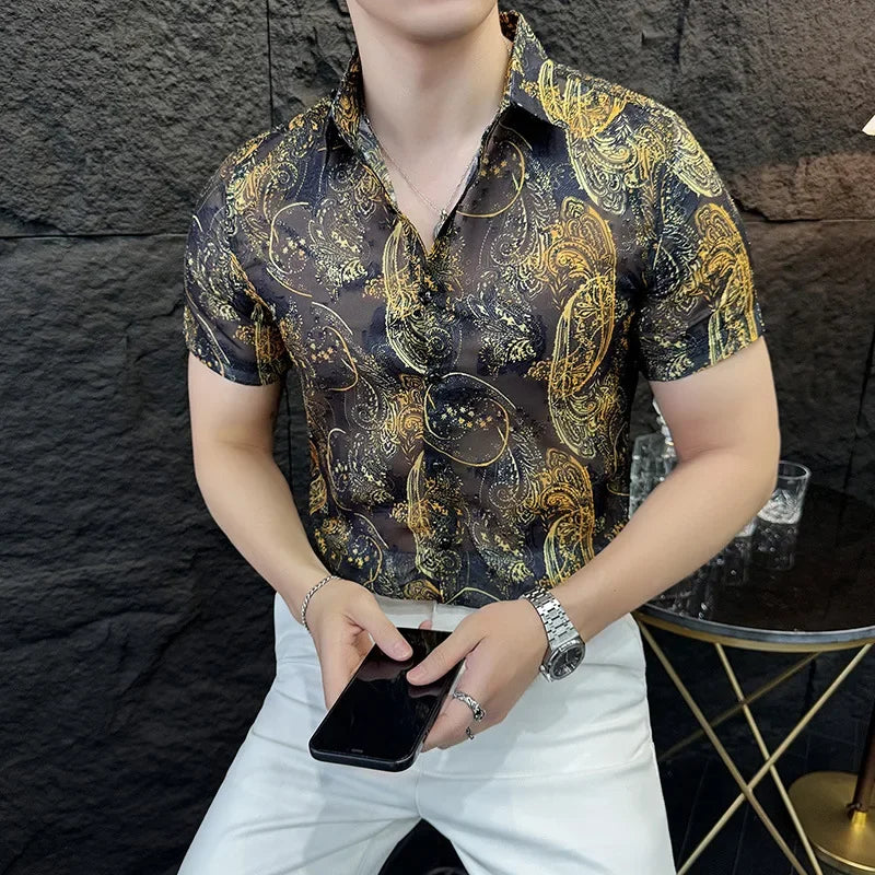Chemise jacquard à manches courtes et motif floral de style coréen pour homme