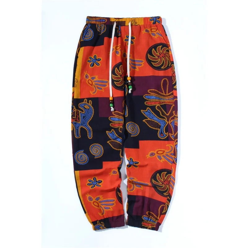 Pantalon de lin léger et décontracté avec cordon de serrage style bohème tribal