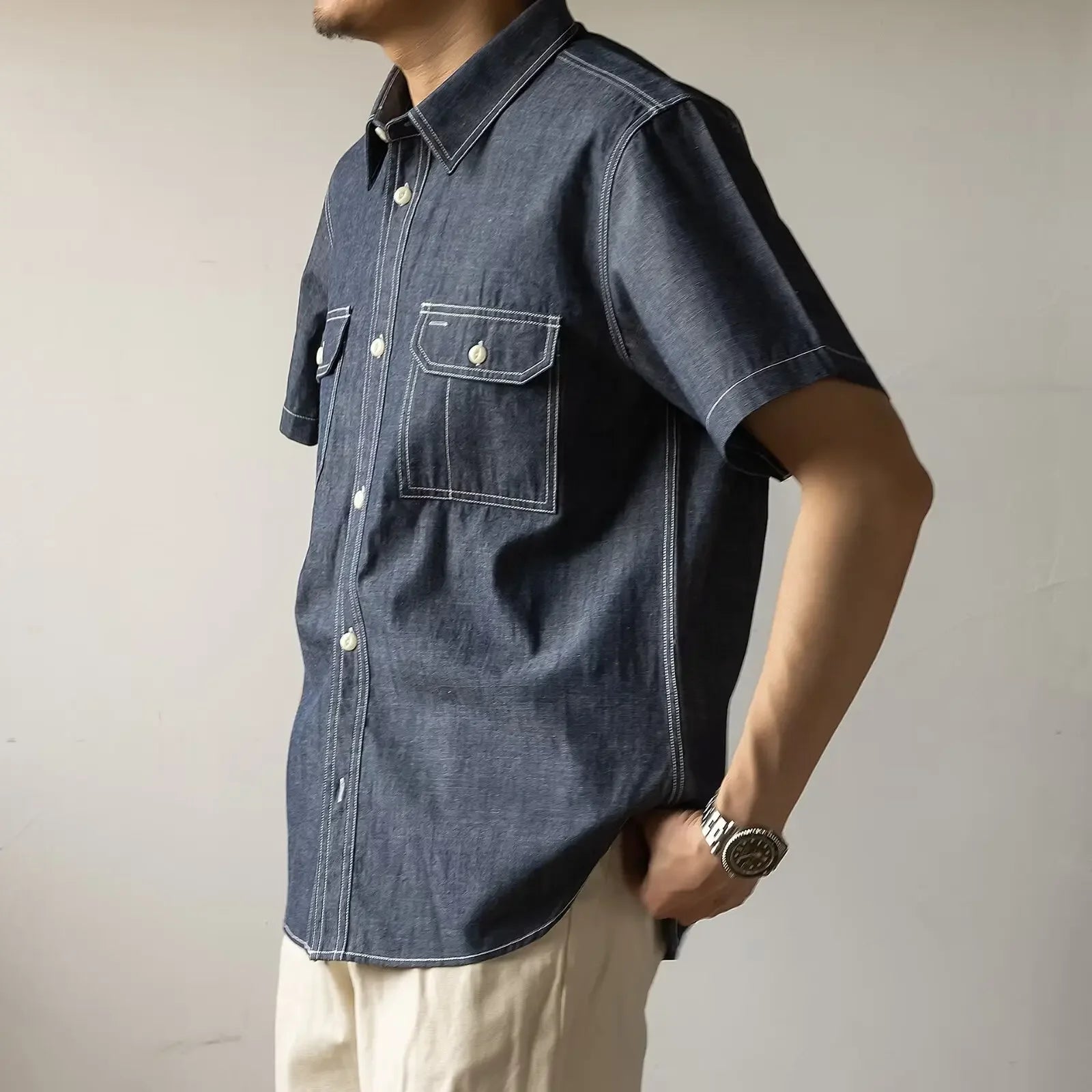 Chemise d'été en jean vintage coupe ample à manches courtes pour homme