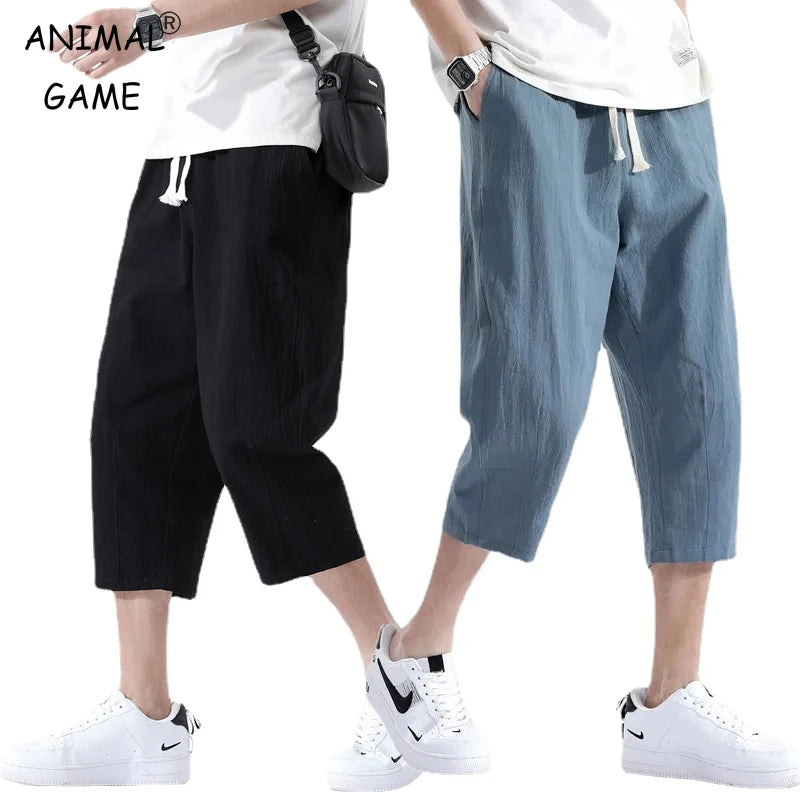 Short d'été décontracté en coton et lin pour homme, taille élastique ample