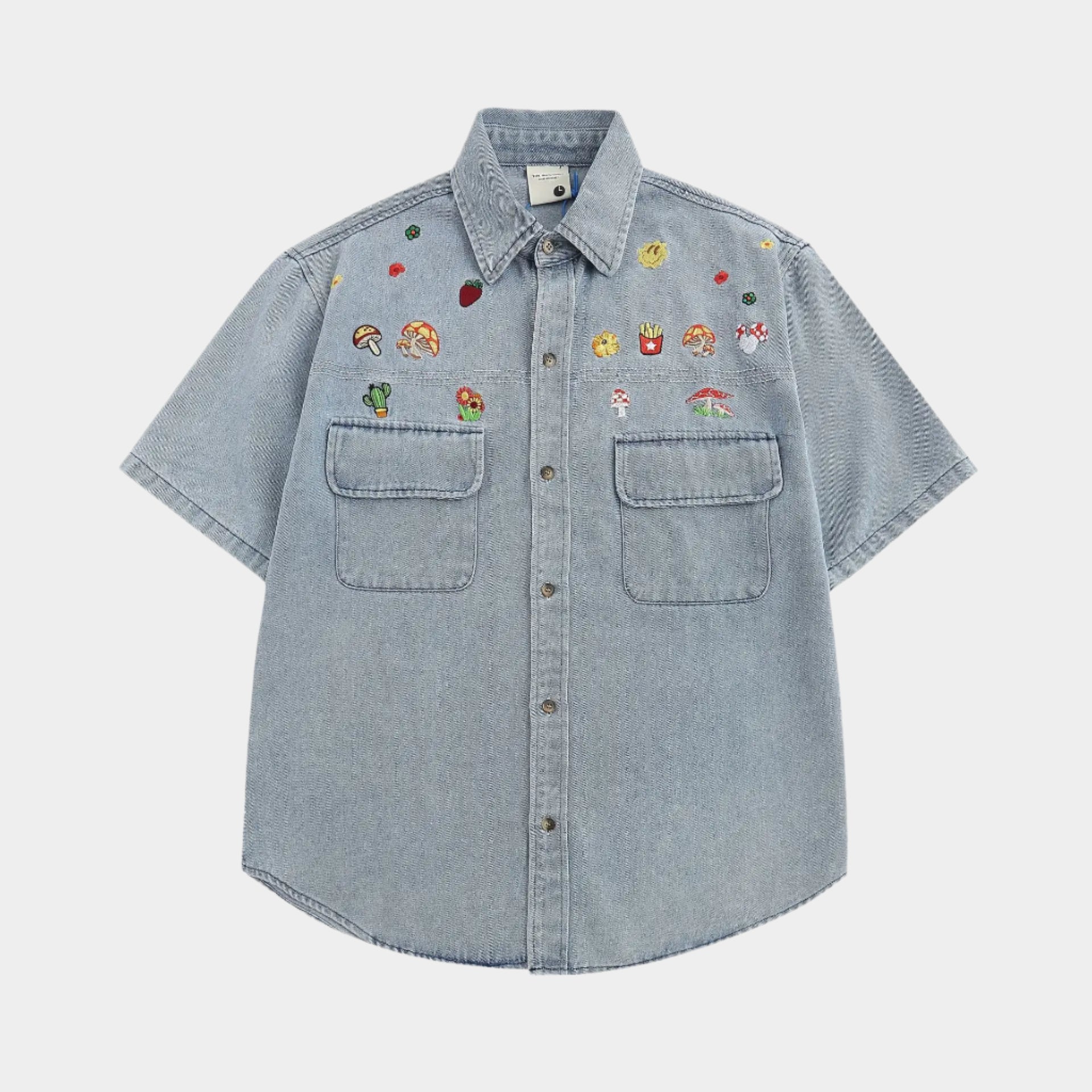Chemise en jean multipoches à motif de dessin animé brodé pour homme