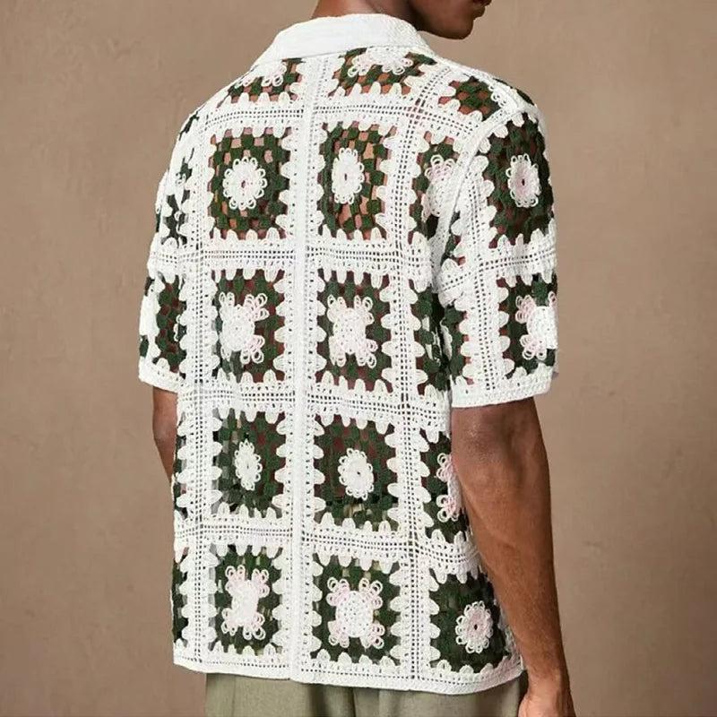 Chemise boutonnée à manches courtes en crochet avec motifs floraux pour homme