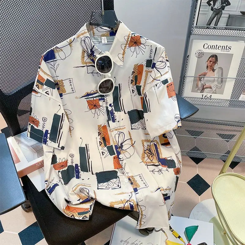 Chemise boutonnée d'été à imprimé dessin animé hawaïen - Décontractée et ample