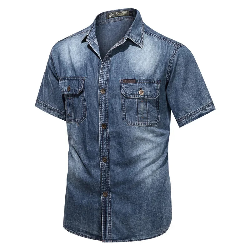 Chemises en jean boutonnées à poches multiples et manches courtes pour hommes