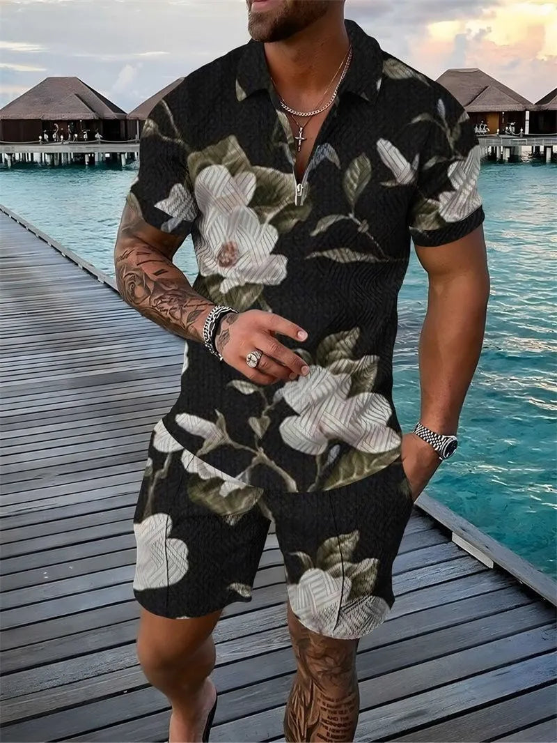 Deux ensembles polo fleuri et short pour homme – Ensemble décontracté d'été
