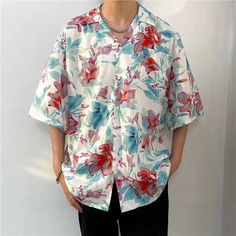 Chemise jacquard en soie glacée à col cubain et motif floral – Style rétro été pour homme