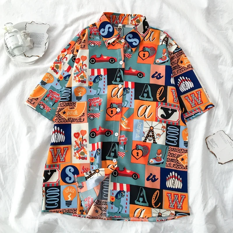 Chemise boutonnée d'été à imprimé dessin animé hawaïen - Décontractée et ample