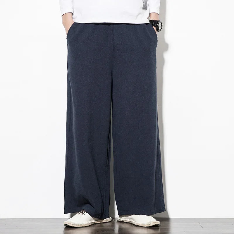 Pantalon ample en coton et lin pour homme, coupe droite et large