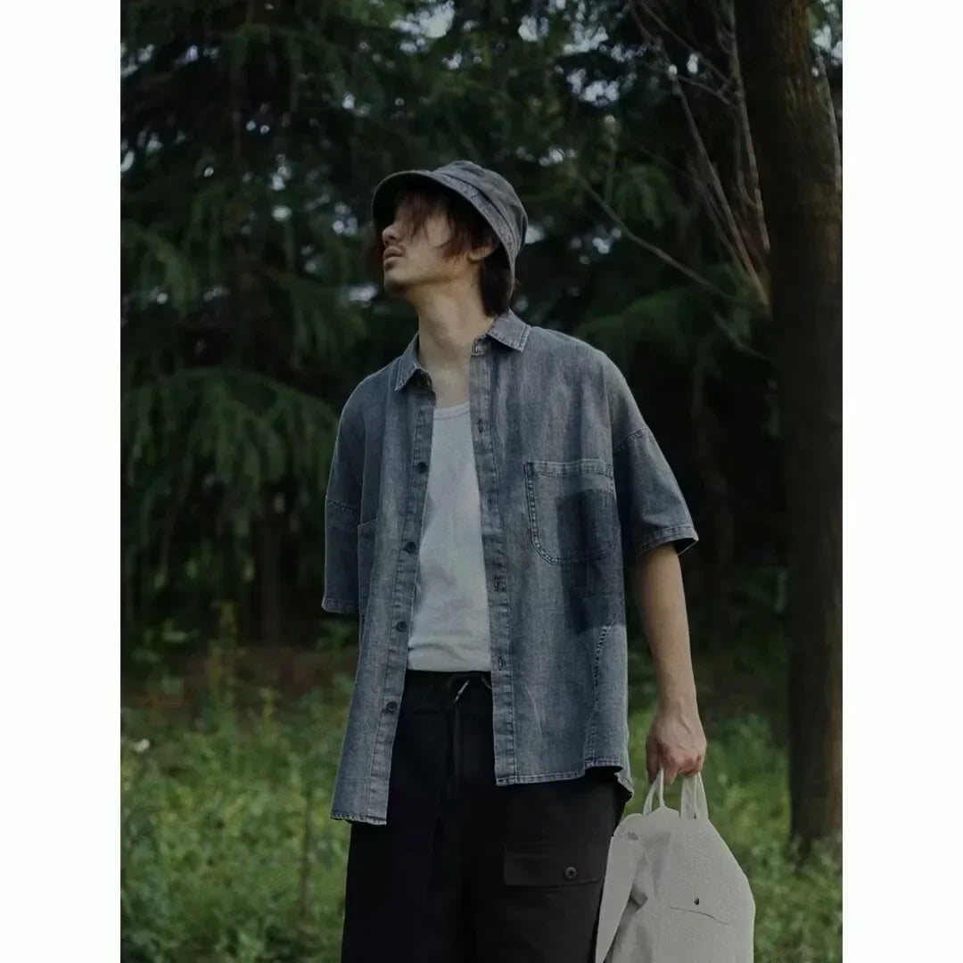 Chemise en jean décontractée et ample de style japonais rétro délavé pour homme