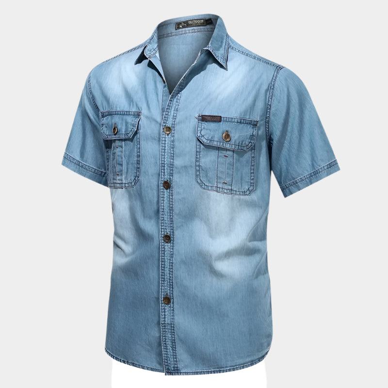 Chemises en jean boutonnées à poches multiples et manches courtes pour hommes