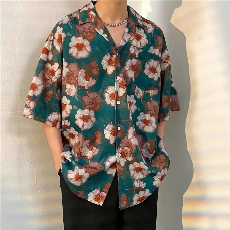Chemise jacquard en soie glacée à col cubain et motif floral – Style rétro été pour homme