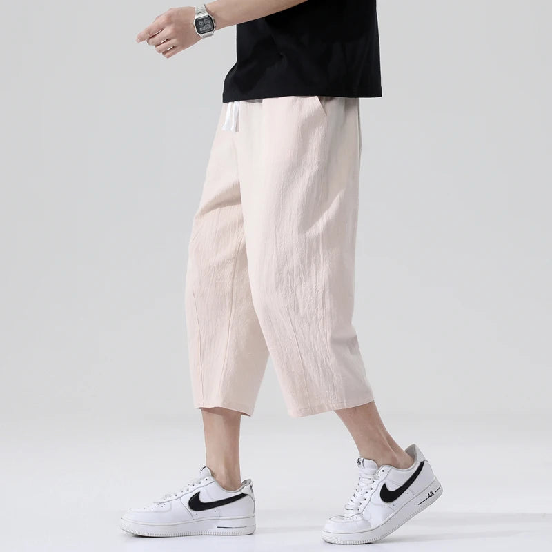 Short d'été décontracté en coton et lin pour homme, taille élastique ample