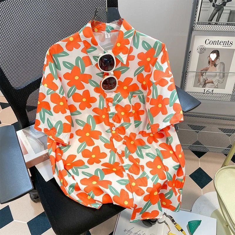 Chemise boutonnée d'été à imprimé dessin animé hawaïen - Décontractée et ample