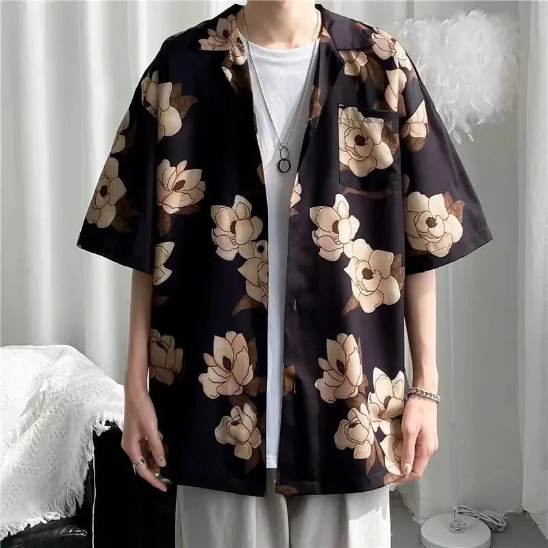 Chemise jacquard en soie glacée à col cubain et motif floral – Style rétro été pour homme