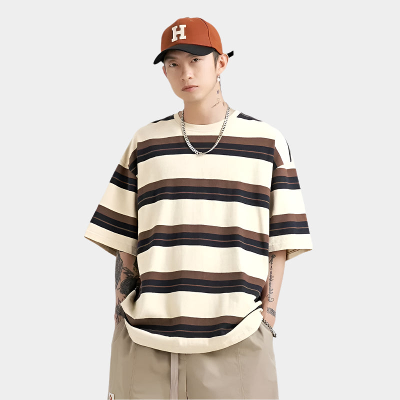 Chemise à col rond à manches courtes rayée, style décontracté et ample