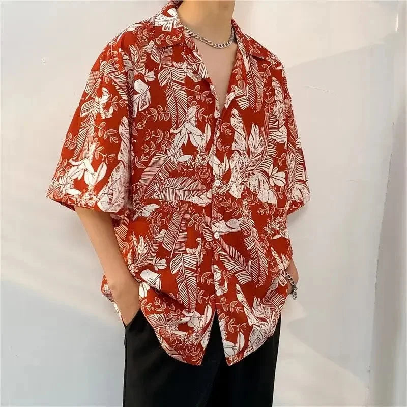 Chemise jacquard en soie glacée à col cubain et motif floral – Style rétro été pour homme