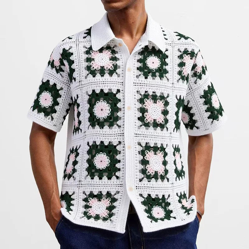 Chemise boutonnée à manches courtes en crochet avec motifs floraux pour homme