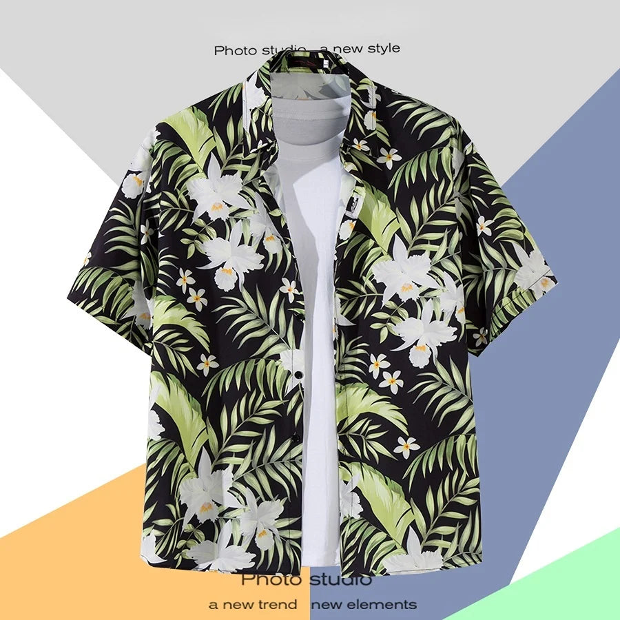 Chemise boutonnée d'été à imprimé dessin animé hawaïen - Décontractée et ample