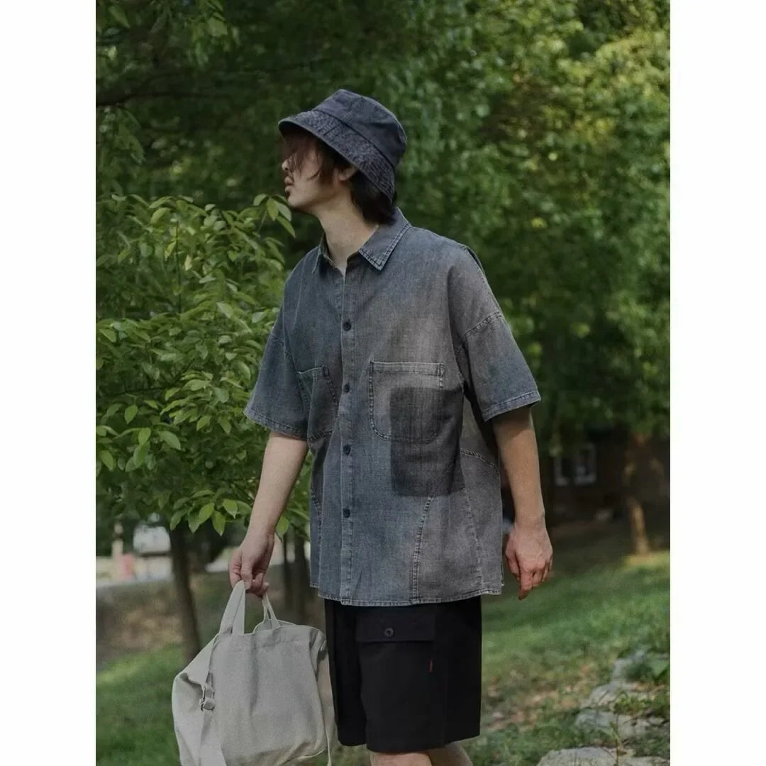 Chemise en jean décontractée et ample de style japonais rétro délavé pour homme